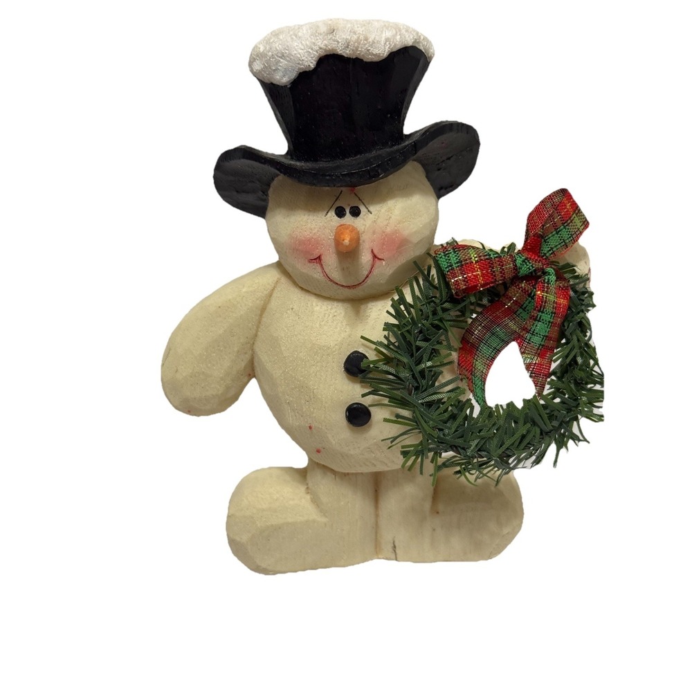 Chunky Snowman With Wreath Faux Wood Carving Resin 5"x4" Winter Holiday Decor
